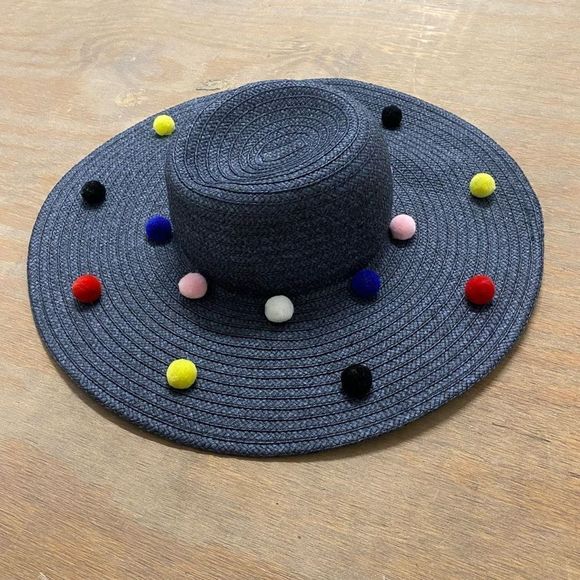 Anthropologie BCBG Pompom Sun Beach Black Multicolor Hat Adjustable - Picture 1 of 5